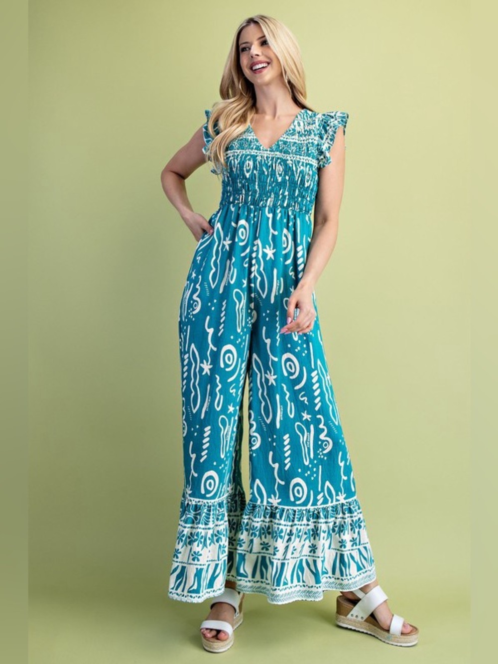 Teal Printed Wide-Leg Jumpsuit - Sleeveless Smocked Bodice - Picture 7 of 7